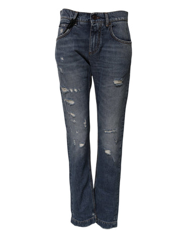 Dolce & Gabbana Blue Cotton Tattered Boyfriend Denim Jeans