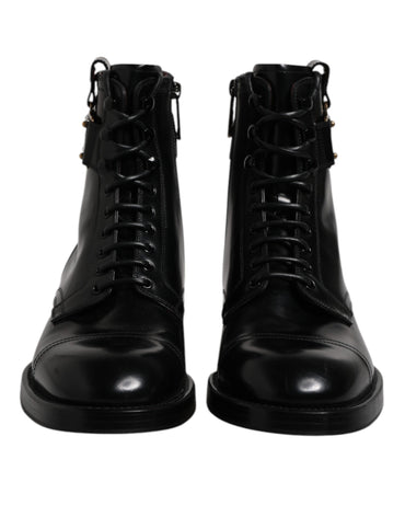 Dolce & Gabbana Black Leather Mid Calf Boots Lace Up Shoes