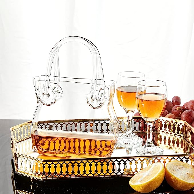 Glass Handbag Purse Decanter & Vase For Flowers, Wine & Whiskey Decanter for Women, Women's Bag Shape Fish Bowl - for Home Decor, Centerpiece, Bachelorette Party Decor, Wedding, Floral (750ML)-2