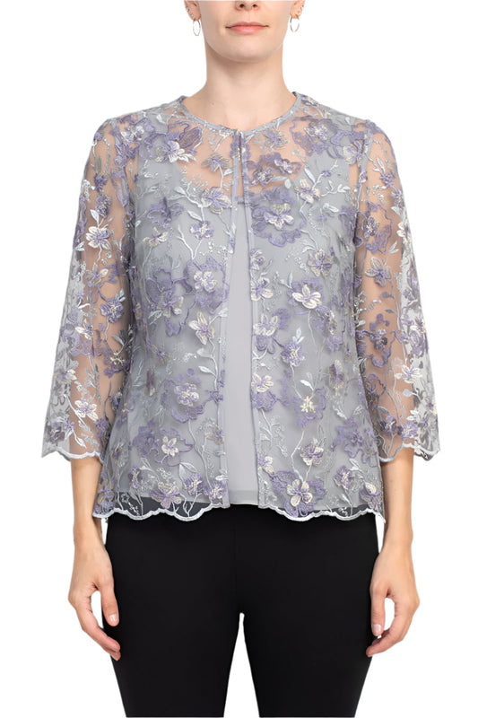 Alex Evenings 3/4 sleeve embroidered twinset with solid cami and hook neck closure jacket-0