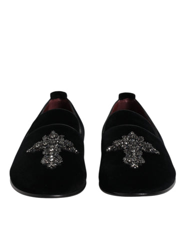 Dolce & Gabbana Black Velvet Embellished Loafer Slip On Shoes