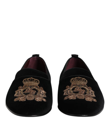 Dolce & Gabbana Black Velvet Gold Crown Mens Loafers Shoes