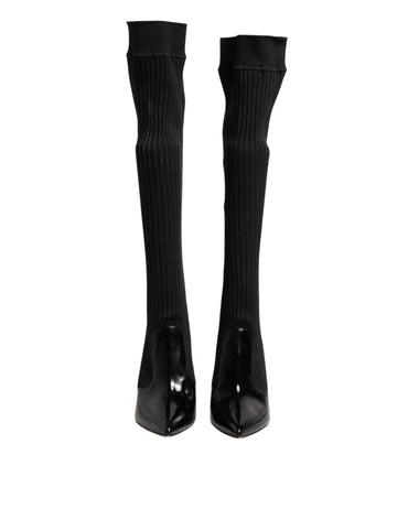 Dolce & Gabbana Black Leather Ribbed Knit Knee Boots Shoes