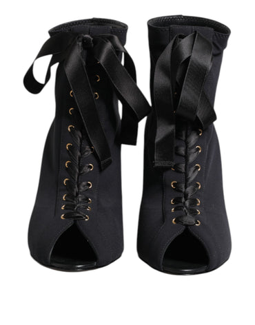 Dolce & Gabbana Black Stiletto Heels Lace Up Boots Shoes