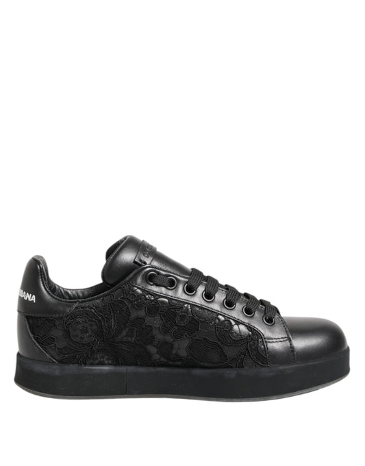 Dolce & Gabbana Black Floral Lace Low Top Sneakers Shoes