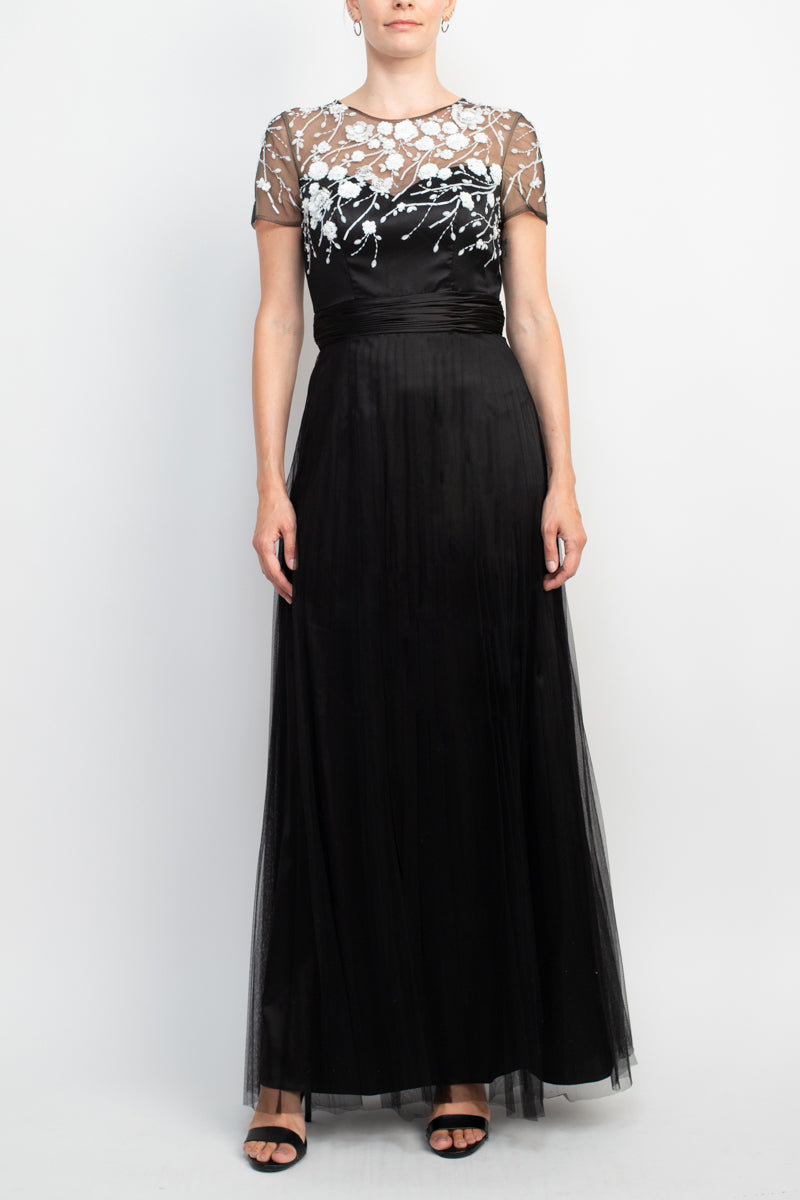 JS Collections Crew Neck Short Sleeve Embellished Mesh Gown