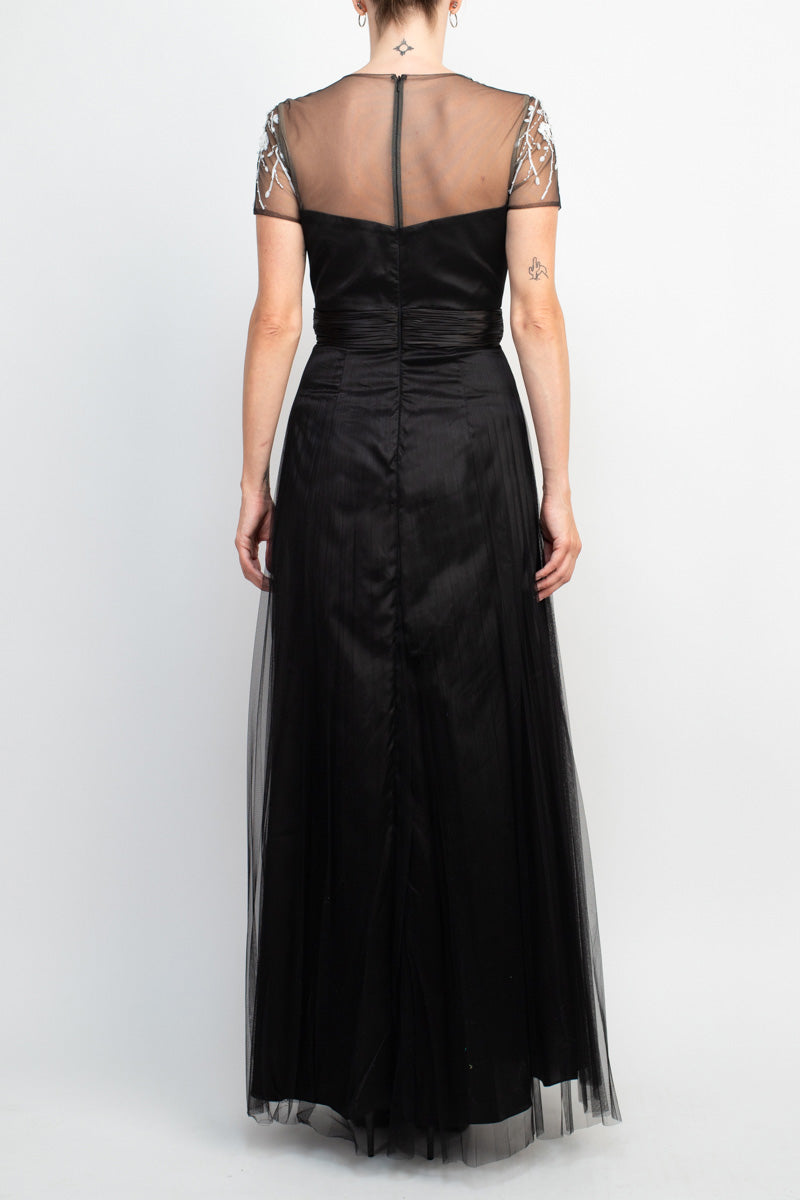 JS Collections Crew Neck Short Sleeve Embellished Mesh Gown