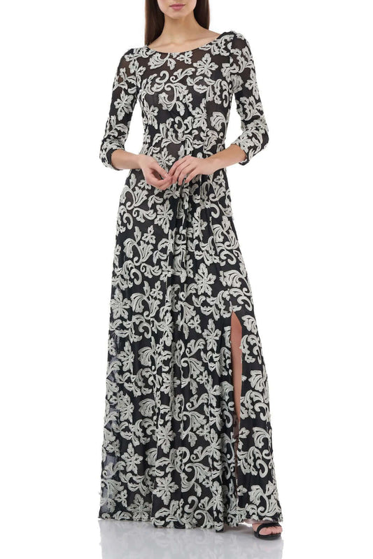 JS Collections Boat Neck 3/4 Sleeve Zipper Back Embroidered Mesh Gown-0