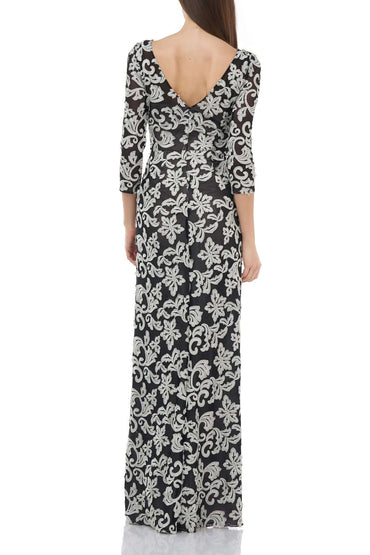 JS Collections Boat Neck 3/4 Sleeve Zipper Back Embroidered Mesh Gown-1