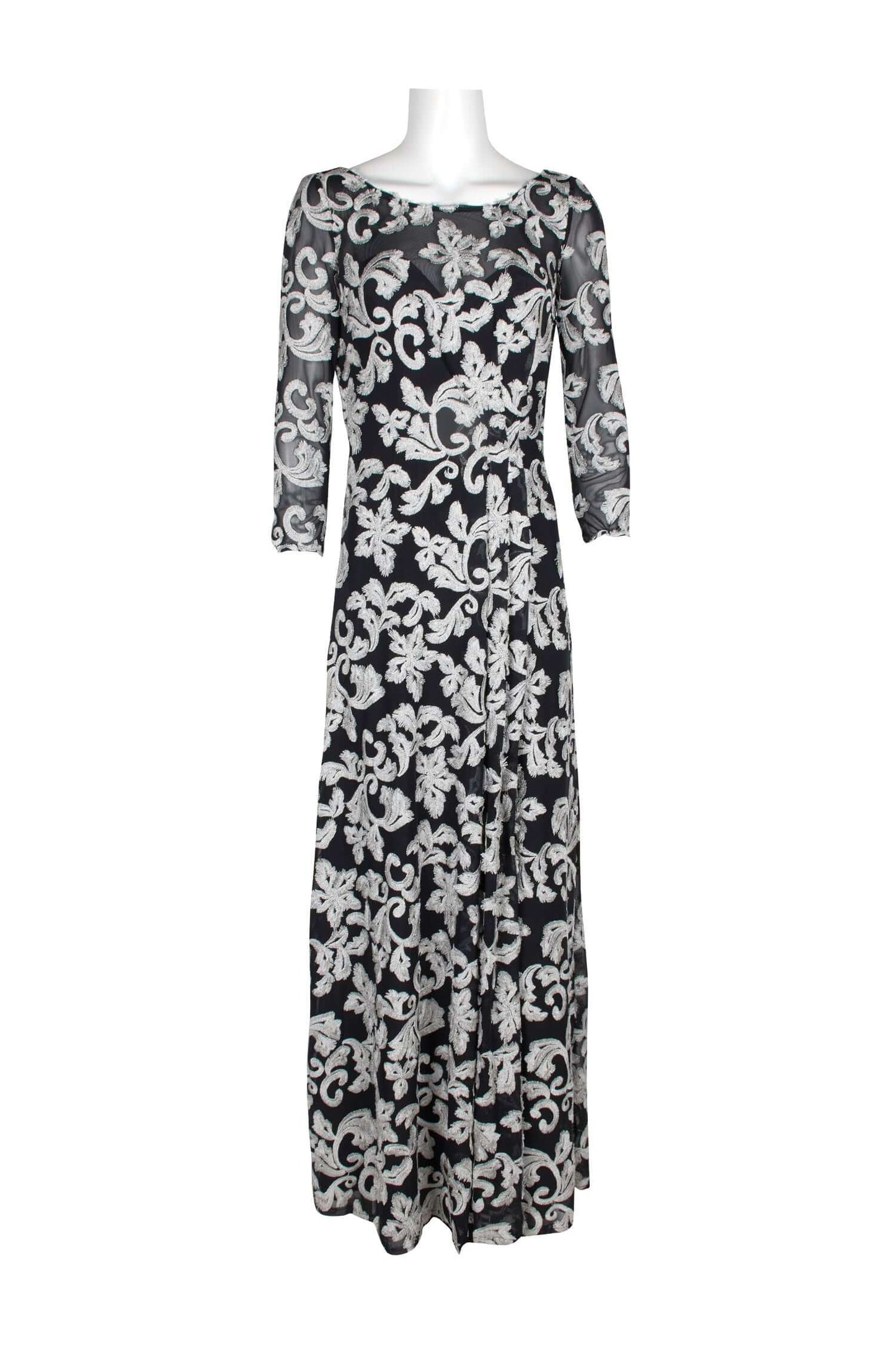 JS Collections Boat Neck 3/4 Sleeve Zipper Back Embroidered Mesh Gown-2