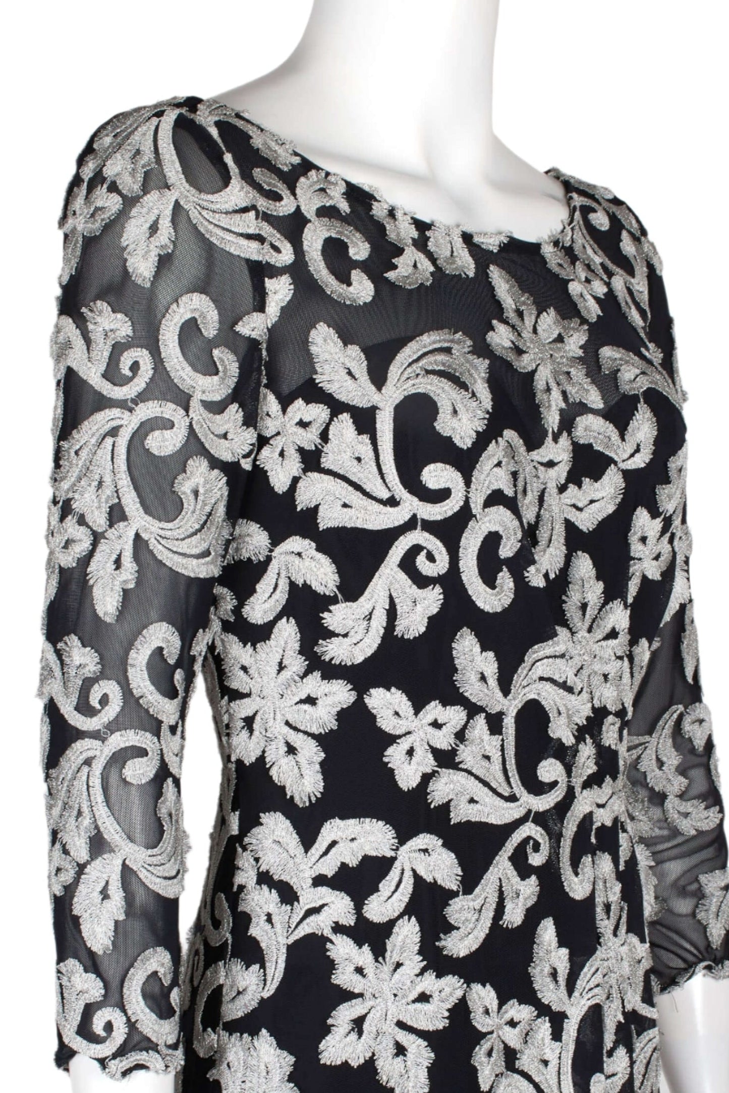 JS Collections Boat Neck 3/4 Sleeve Zipper Back Embroidered Mesh Gown-3