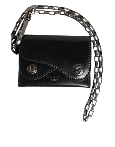 Dolce & Gabbana Black Cavallo Leather Wallet Chain Snap Bifold Card Holder