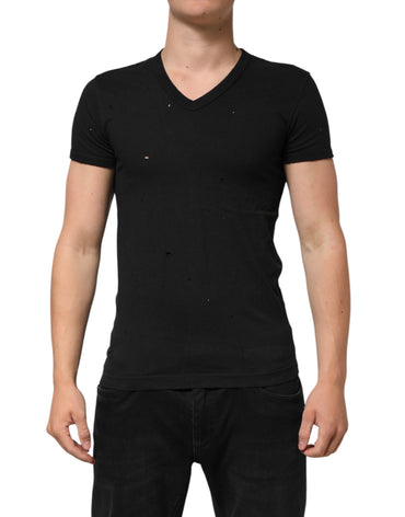 Dolce & Gabbana Black Cotton Tattered Logo V-Neck Men T-shirt