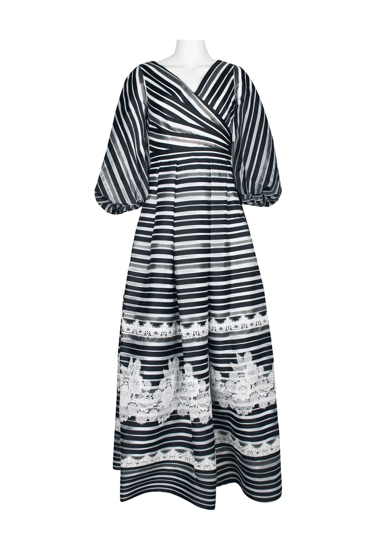Theia V-Neck 3/4 Sleeve Zipper Back Stripe Print Embellished Organza Gown