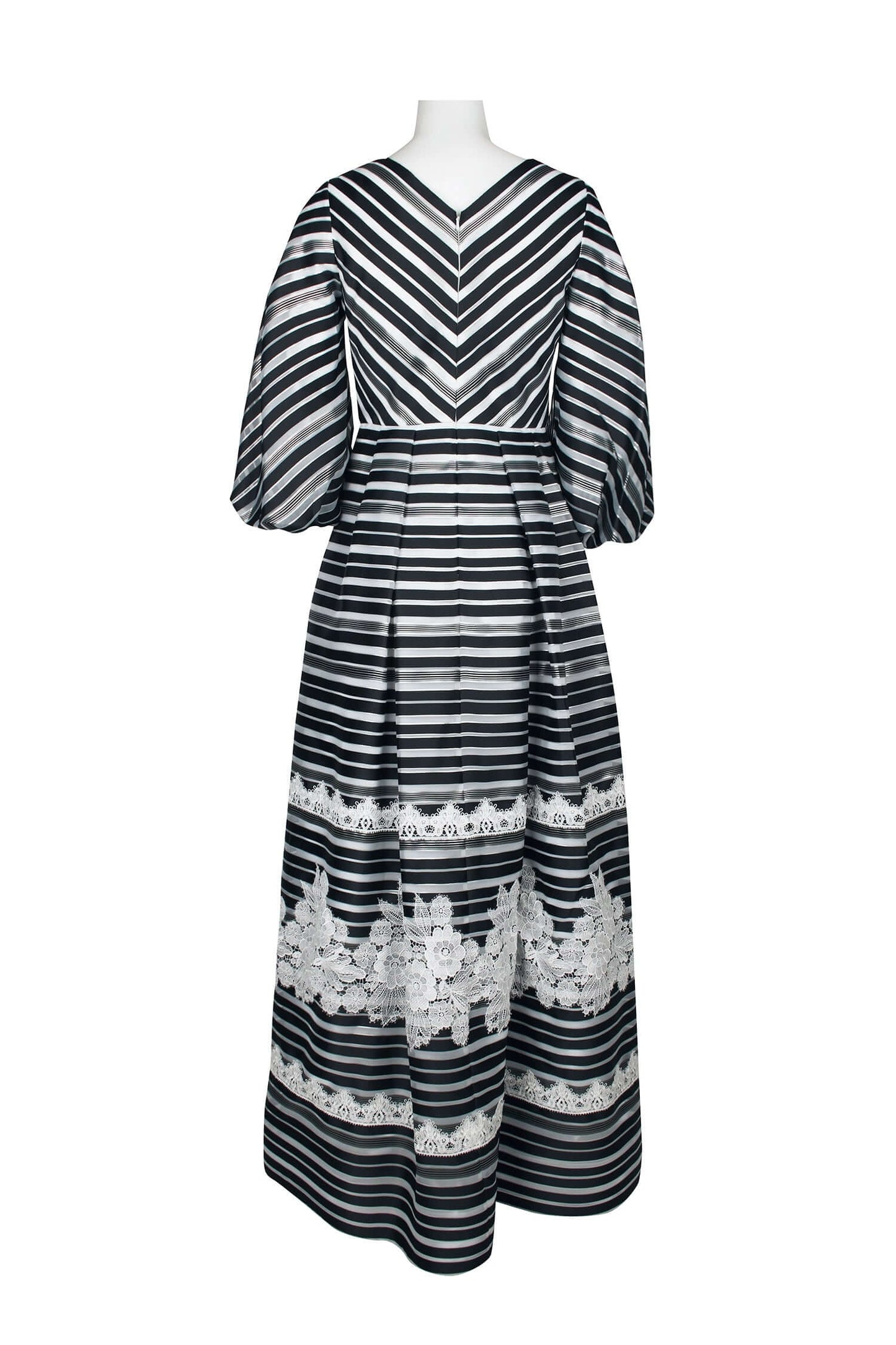 Theia V-Neck 3/4 Sleeve Zipper Back Stripe Print Embellished Organza Gown