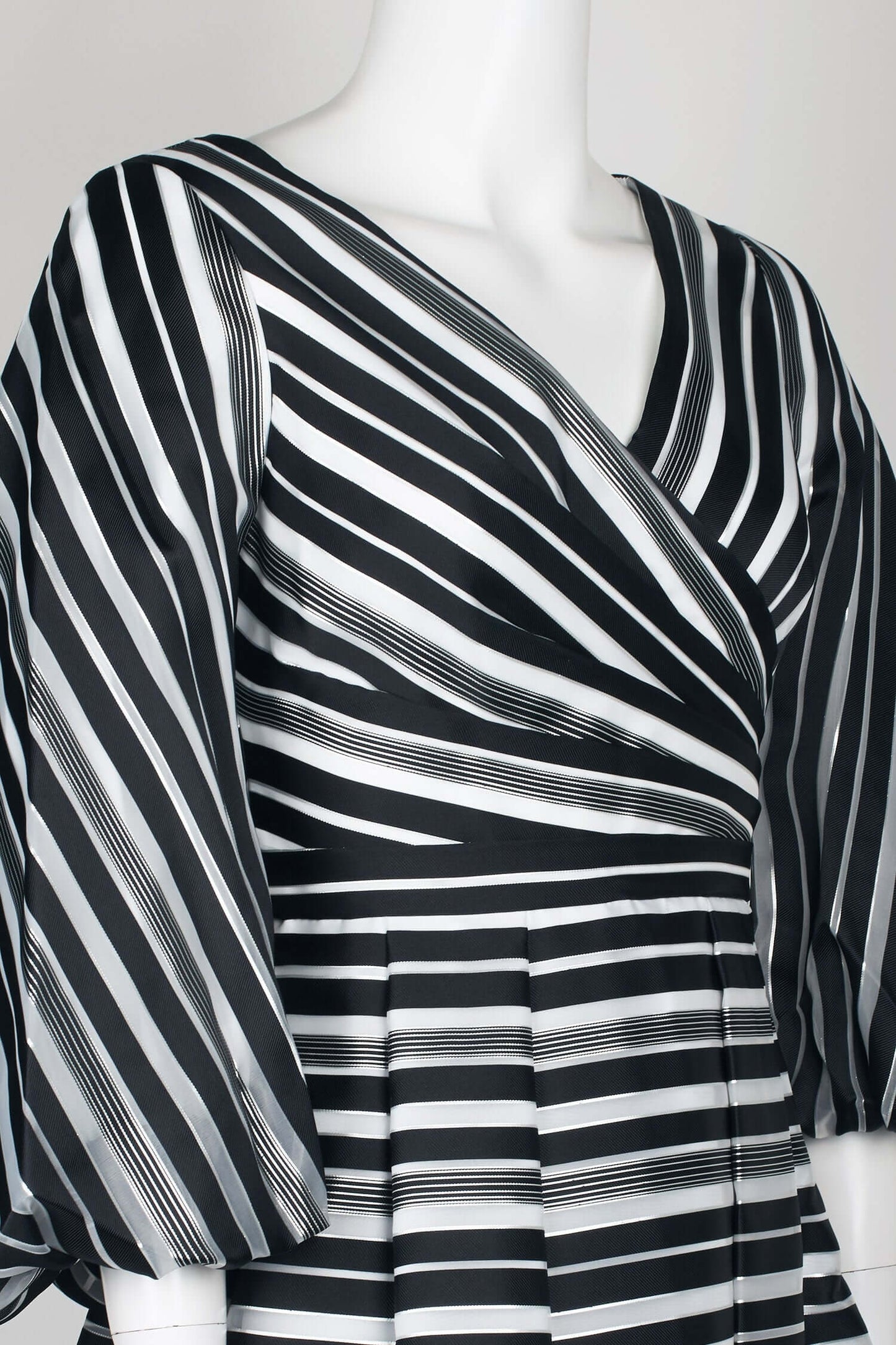 Theia V-Neck 3/4 Sleeve Zipper Back Stripe Print Embellished Organza Gown