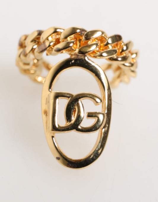 Dolce & Gabbana Gold Tone Brass Oval DG Logo Chain Adjustable Ring