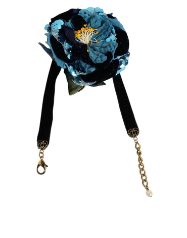 Dolce & Gabbana Blue Floral Appliqué Velvet Choker Crystal Beads Necklace