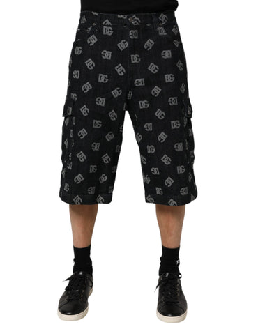 Dolce & Gabbana Black Monogram Denim Cargo Men Bermuda Short