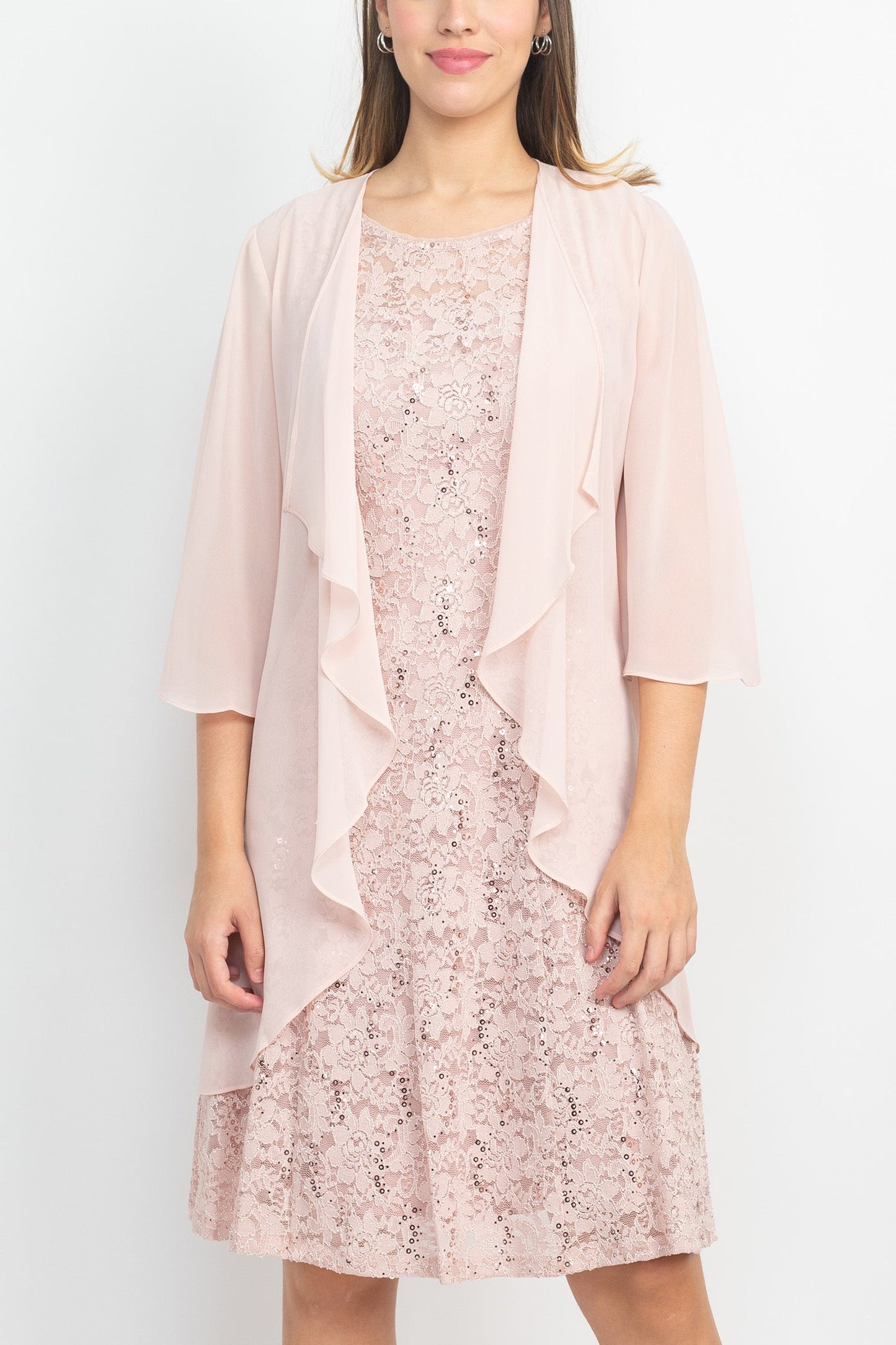 SL Fashion Boat Neck Sleeveless Embellished Fit & Flare Keyhole Back Zipper Back Lace Dress with Open Front Elbow Length Sleeve Cascade Front Chiffon Jacket