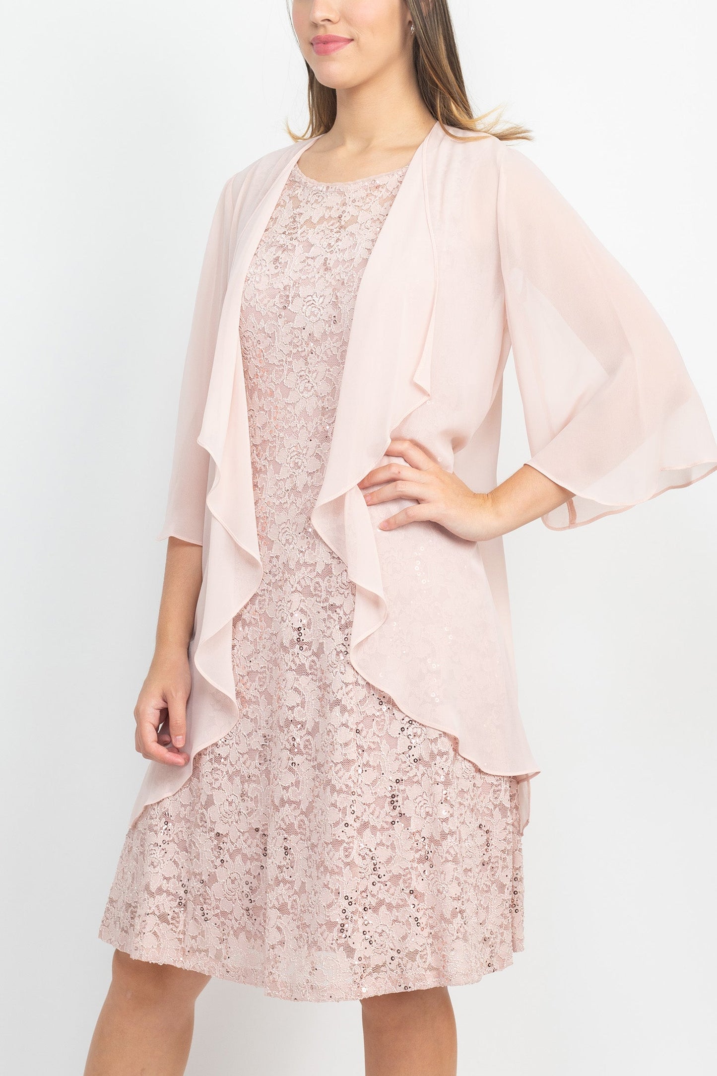 SL Fashion Boat Neck Sleeveless Embellished Fit & Flare Keyhole Back Zipper Back Lace Dress with Open Front Elbow Length Sleeve Cascade Front Chiffon Jacket