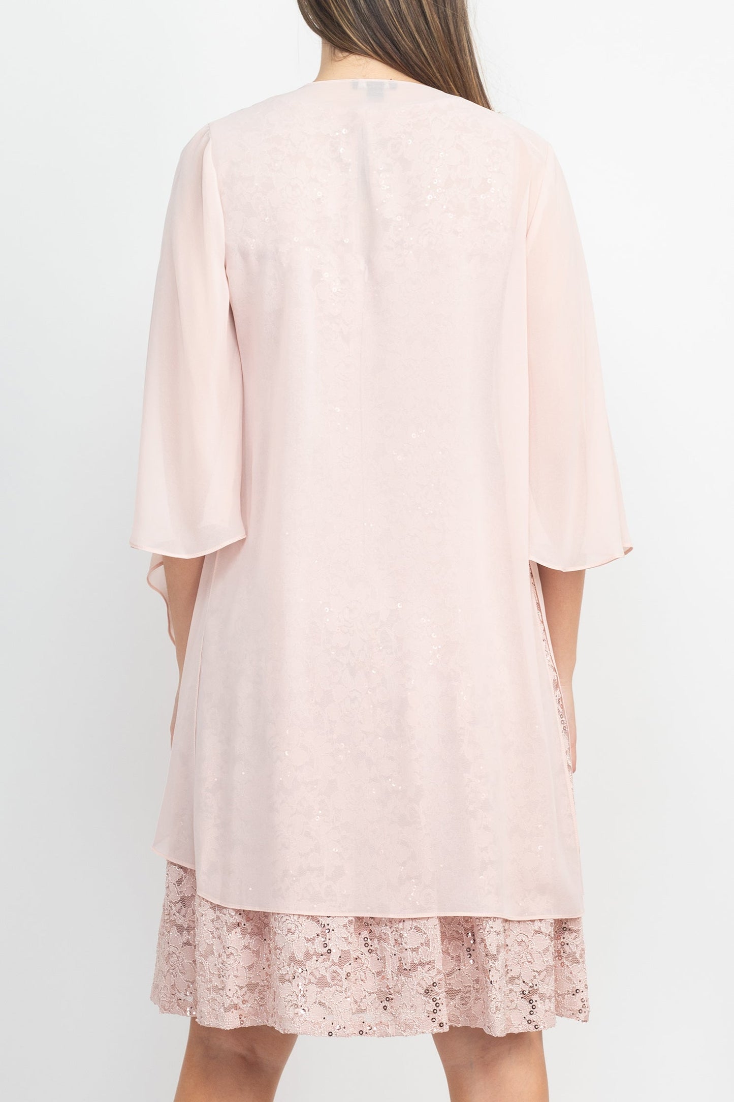 SL Fashion Boat Neck Sleeveless Embellished Fit & Flare Keyhole Back Zipper Back Lace Dress with Open Front Elbow Length Sleeve Cascade Front Chiffon Jacket