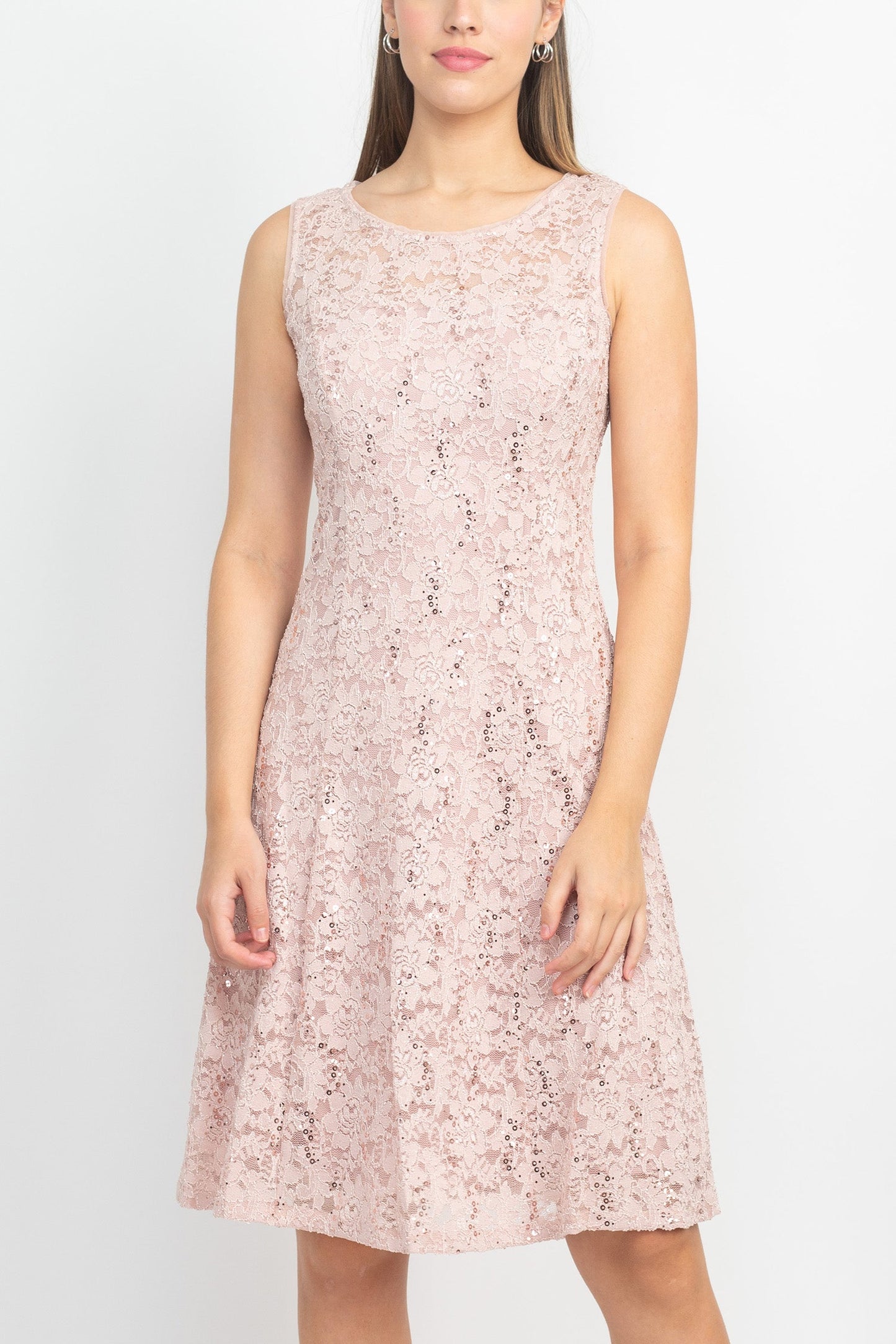 SL Fashion Boat Neck Sleeveless Embellished Fit & Flare Keyhole Back Zipper Back Lace Dress with Open Front Elbow Length Sleeve Cascade Front Chiffon Jacket