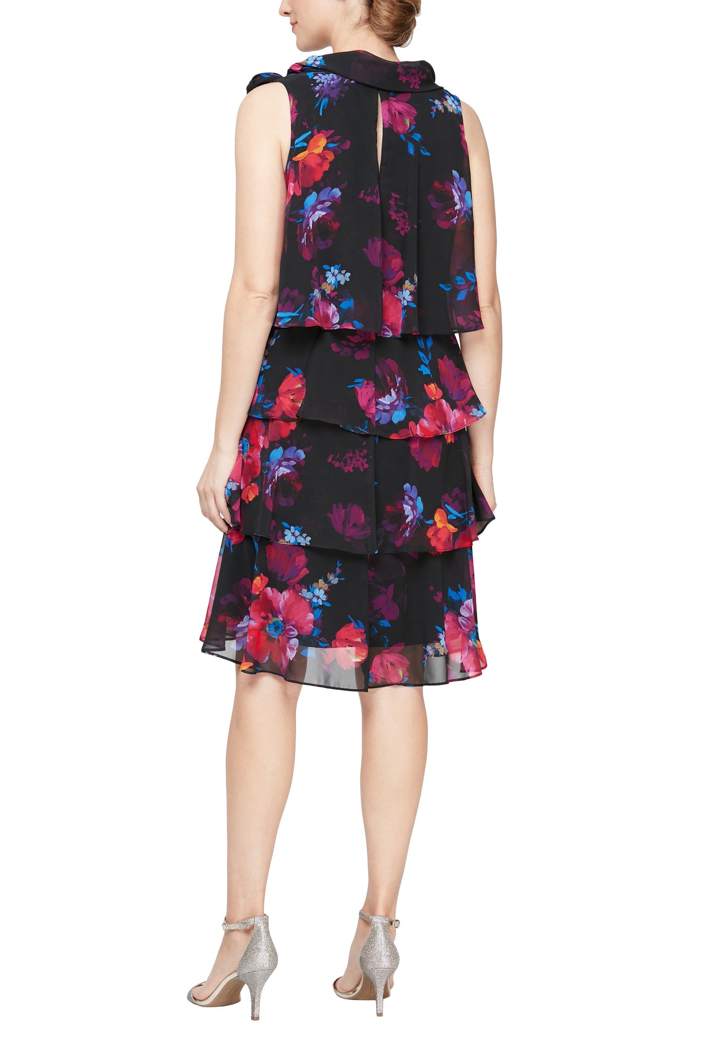 SL Fashion crew neck sleeveless tie shoulder detail keyhole back multi print tiered chiffon dress