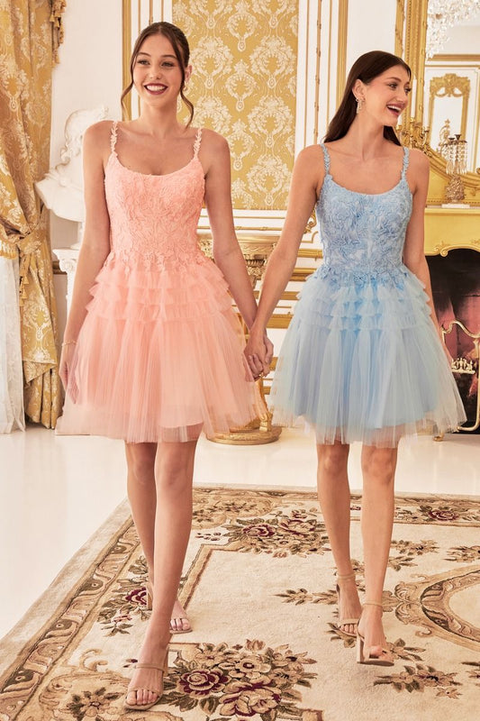 Peach, Baby Blue | Tiered Tulle Mini Dress with Lace Bodice & Spaghetti Straps CD9310-0