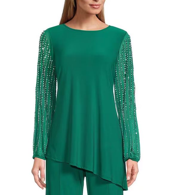 Marina Boat Neck Embellished Chiffon Long Sleeve Asymmetrical Hem and Elastic Mid Waist Wide Leg ( Plus Size )-2