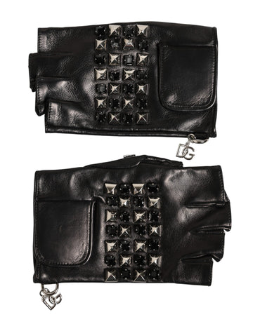 Dolce & Gabbana Black Leather Studded Fingerless Hand Mitten Men Gloves