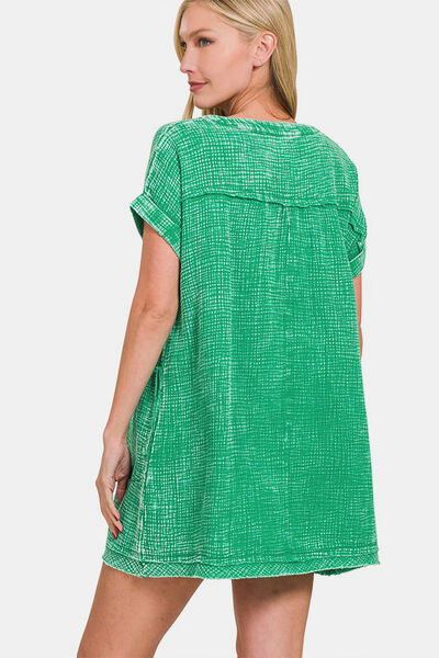 Zenana Washed Notched Short Sleeve Mini Dress-2