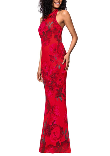 Betsy and Adam Floral Print Carly Halter Back Tie Neckline Sleeveless Backless Sheath Dress-1