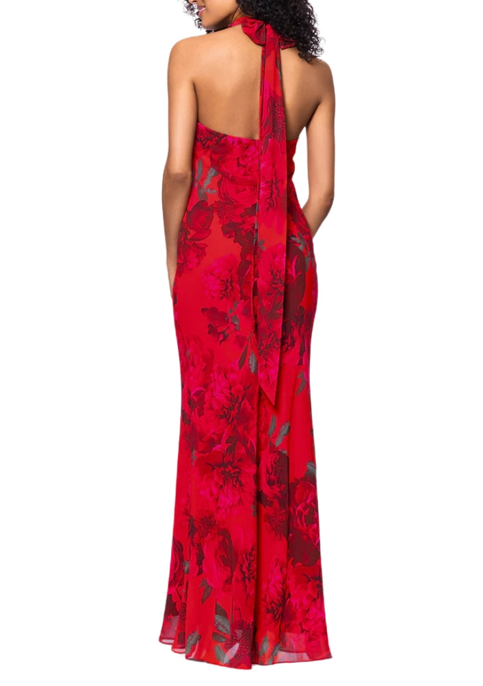 Betsy and Adam Floral Print Carly Halter Back Tie Neckline Sleeveless Backless Sheath Dress-2