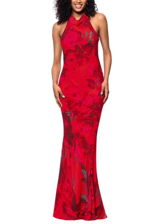 Betsy and Adam Floral Print Carly Halter Back Tie Neckline Sleeveless Backless Sheath Dress-0