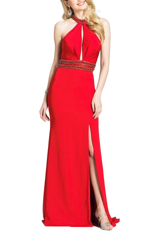 Dave & Johnny Embellished Halter Neck Slit Front Embellished Waist Zipper Back Cutout Back Satin Gown-0