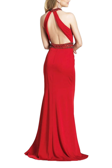 Dave & Johnny Embellished Halter Neck Slit Front Embellished Waist Zipper Back Cutout Back Satin Gown-1