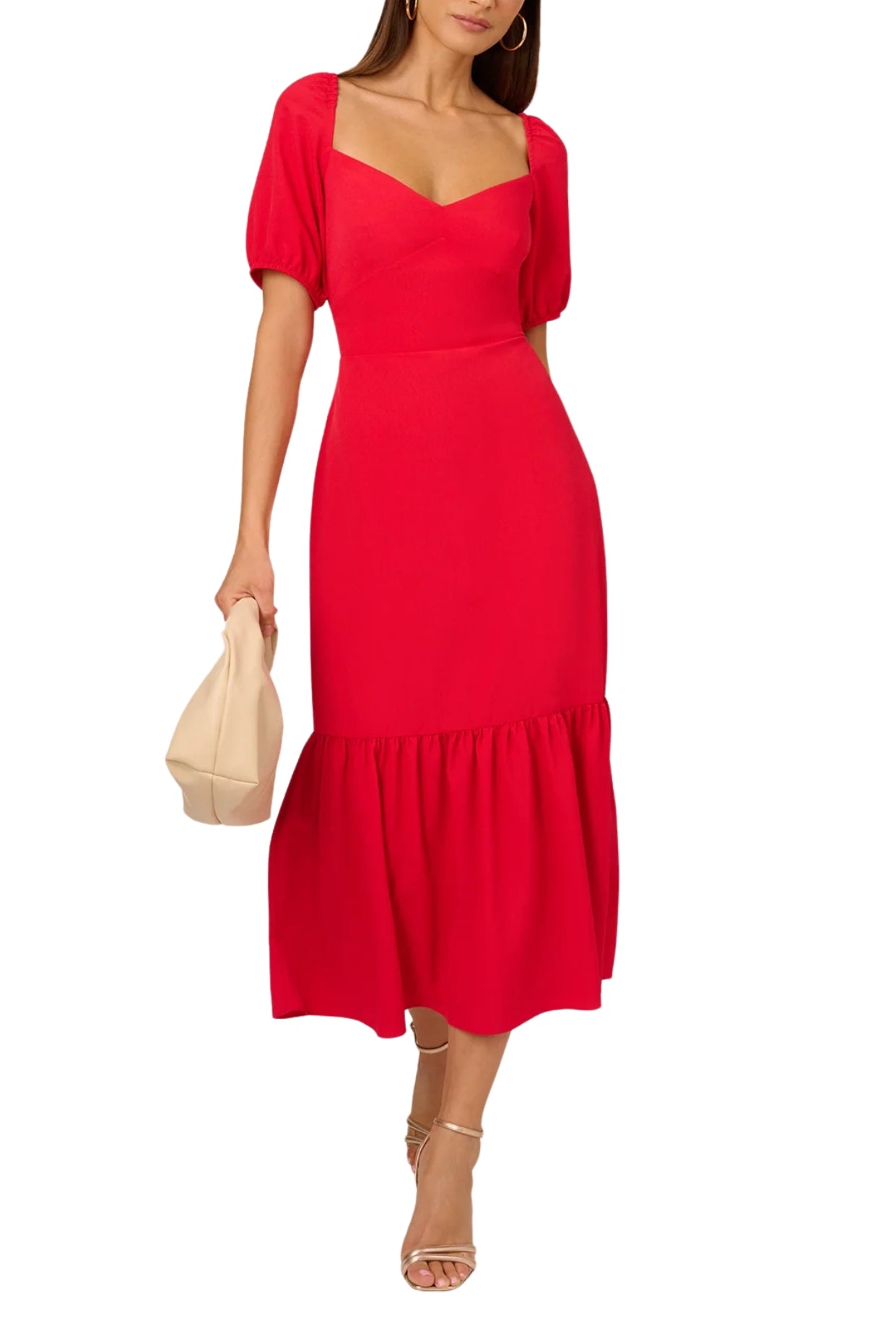 Adrianna Papell Solid Sweetheart Neckline Smocked Back Puff Short Sleeves Flounce Ruffle Hem A-Line Midi Dress-2