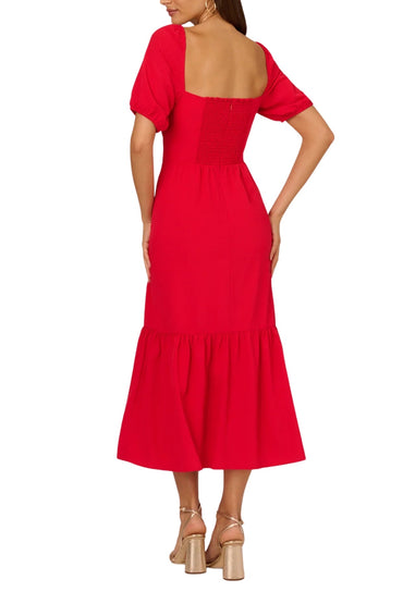 Adrianna Papell Solid Sweetheart Neckline Smocked Back Puff Short Sleeves Flounce Ruffle Hem A-Line Midi Dress-1