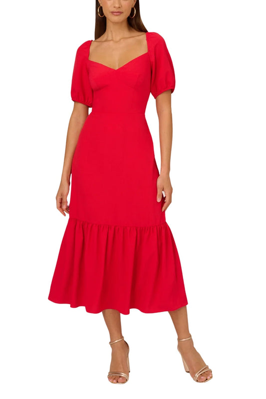 Adrianna Papell Solid Sweetheart Neckline Smocked Back Puff Short Sleeves Flounce Ruffle Hem A-Line Midi Dress-0