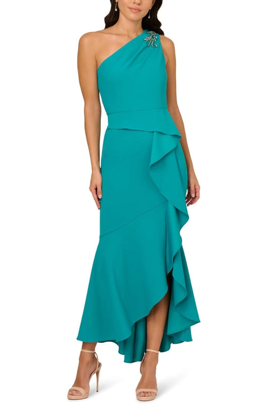 Adrianna Papell Beaded One-Shoulder Sleeveless Side Zipper Closure Ruffles Draped Details Dress-0