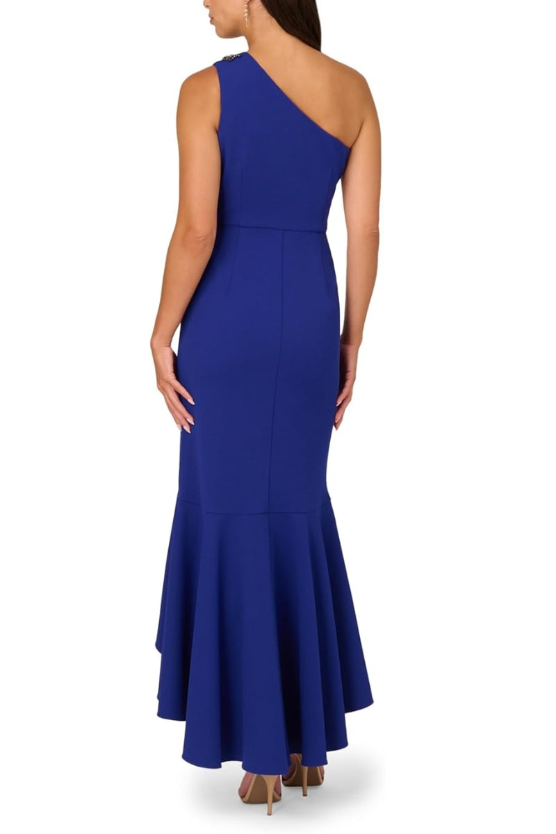 Adrianna Papell Beaded One-Shoulder Sleeveless Side Zipper Closure Ruffles Draped Details Dress-2