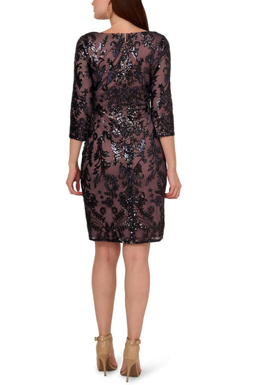 Adrianna Papell Deep V-Neckline Three-Quarter Sleeves Fit Bodice Sheath Skirt Dress-1