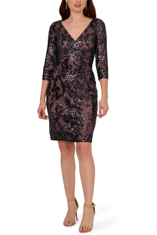 Adrianna Papell Deep V-Neckline Three-Quarter Sleeves Fit Bodice Sheath Skirt Dress-0