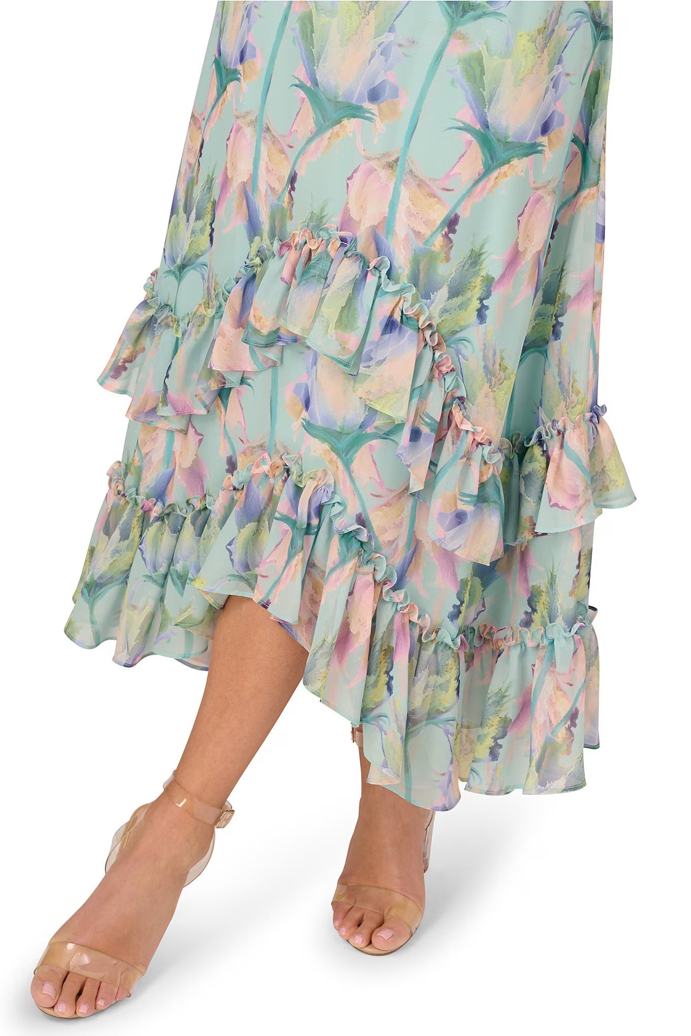 Adrianna Papell Floral Print Chiffon V-Neck Sleeveless Ruffle Trim Midi Dress-3