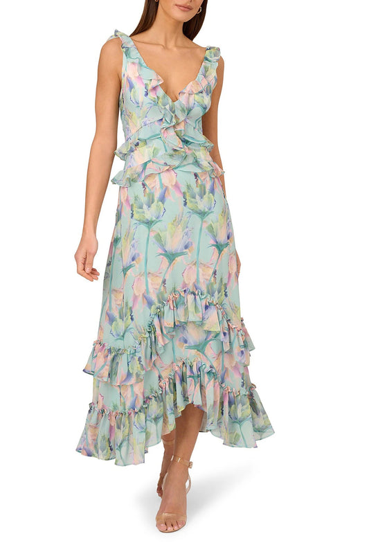 Adrianna Papell Floral Print Chiffon V-Neck Sleeveless Ruffle Trim Midi Dress-0