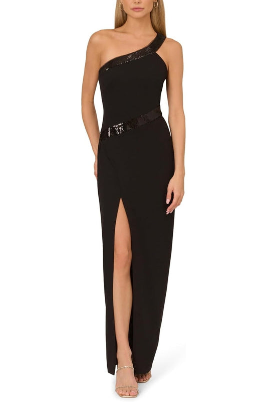 Adrianna Papell Asymmetric One-Shoulder Embellished Sequin Trim Side-Zip Closure Crepe Gown Dress-0