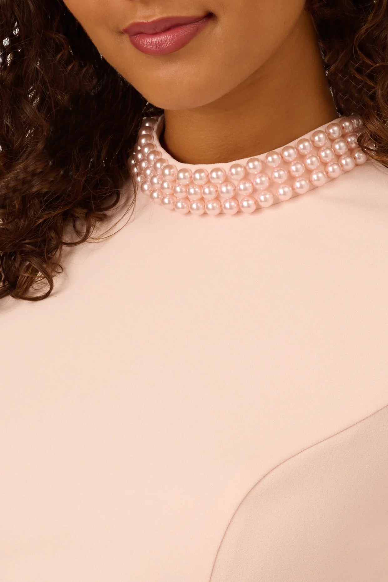 Adrianna Papell Joyful Blush High Collar Embellished Short Sleeve Crepe Midi Sheath Dress-3