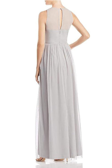 Adrianna Papell Crew Neck Sleeveless Illusion Ruched Keyhole Back Embroidered Mesh Gown-1