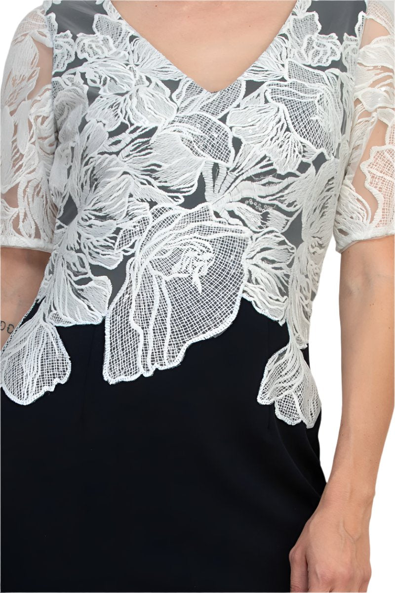 Adrianna Papell V-Neck Short Sleeve Embroidered Bodice Zipper Back Column Stretch Crepe Gown-4